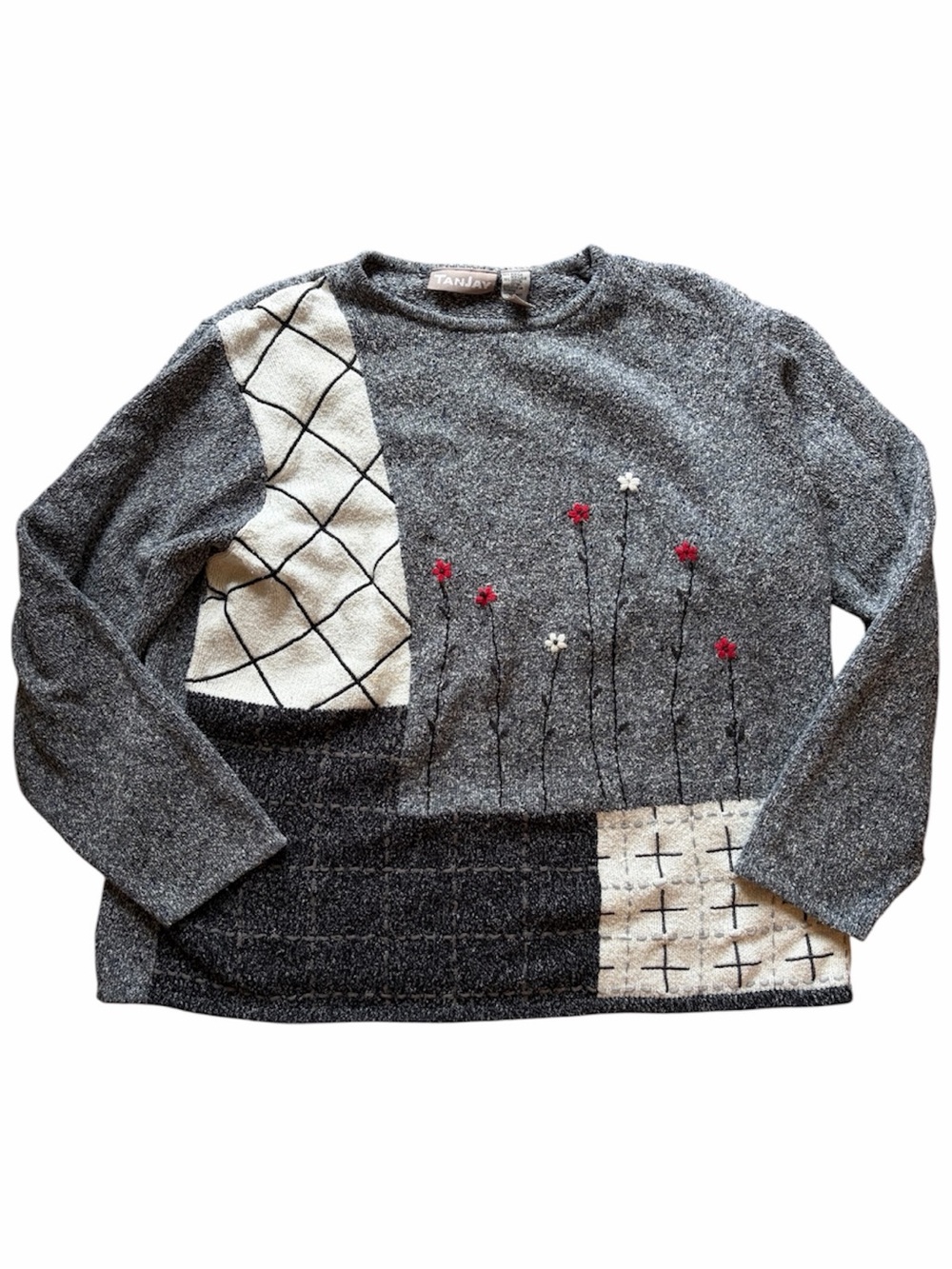 TanJay Grey Floral Patchwork Knit Sweater Long Sleeve Textured Cozy Cottagecore